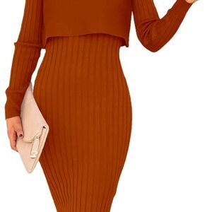 Elegant Rust Ribbed Two-Piece Knit Set – Crop Sweater + Midi Tank Dress